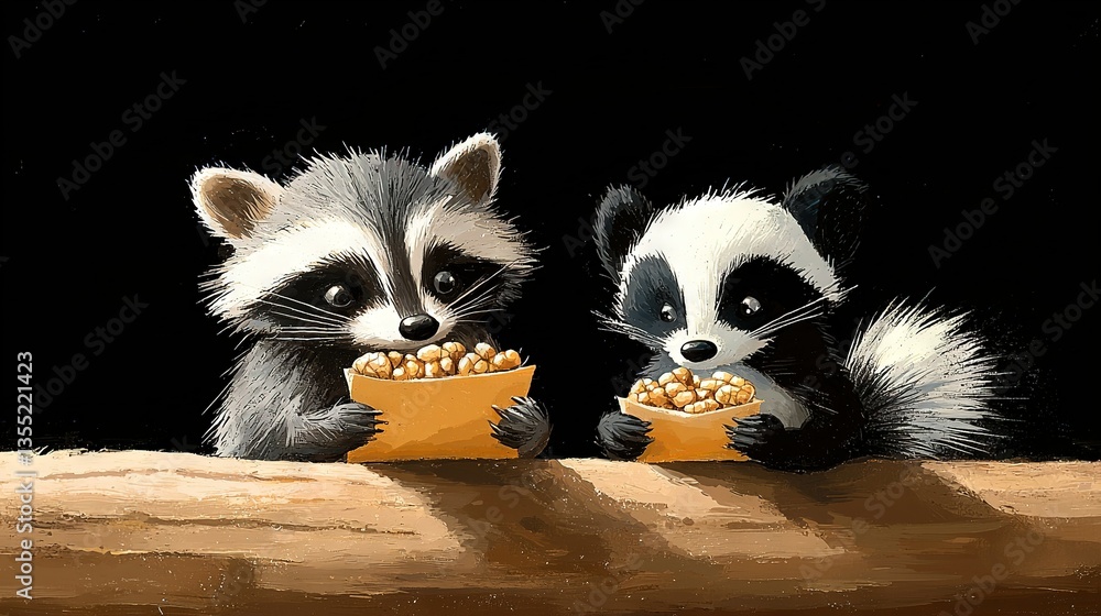 Obraz premium A painting of two raccoons eating out of a bowl while another looks on