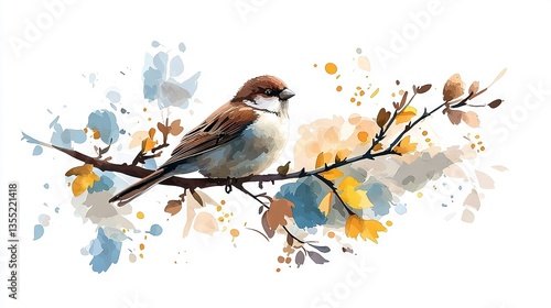   A watercolor illustration featuring a bird perched on the limb of a tree with yellow-hued foliage surrounding it