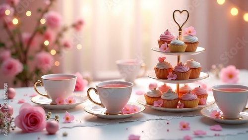 Romantic Tea Party with White Teacups and Pink Floral Decor, Elegant Afternoon Tea with Cupcakes and Roses With Generative AI