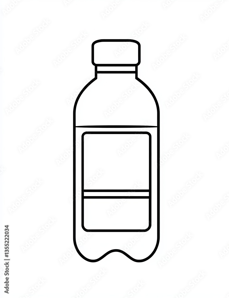 Simple black and white line drawing of a plastic water bottle with a label. Simple black and white line drawing of a plastic water bottle with a label.