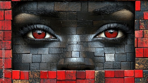 A close-up of a face, seemingly constructed from dark, brick-like tiles, framed by a red border.  Intense red eyes draw attention