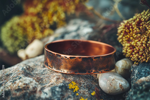 Unique copper bracelet resting on stones and surrounded by natural elements in an outdoor setting