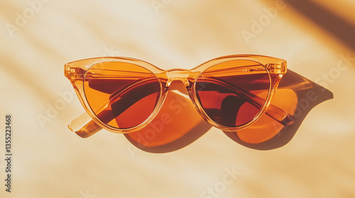 Amber sunglasses on beige background, sunlit.