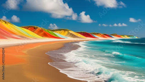Surreal Multicolored Dunes Meeting the Turquoise Sea