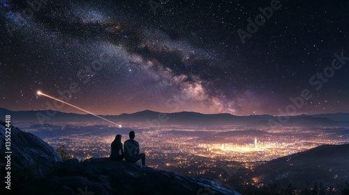 silhouettes of a couple sitting on the top of the mountain looking and pointing out at shooting star and milky way over the city lights on the horizon	