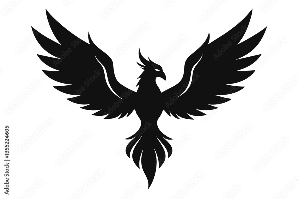 Obraz premium Majestic Phoenix Silhouette, Wings Spread, Strong Black Bird On White Background