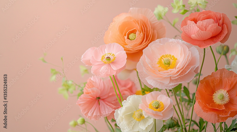 Naklejka premium A vase with an abundance of pink and orange blossoms rests atop a pink table, adjacent to a pink backdrop