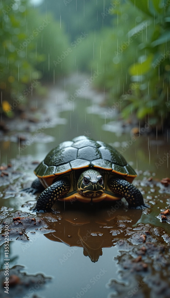 Fototapeta premium Turtle walking in the rain on a muddy path 