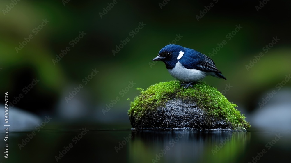 Small bird perched on mossy rock by tranquil water Small bird perched on mossy rock by tranquil water
