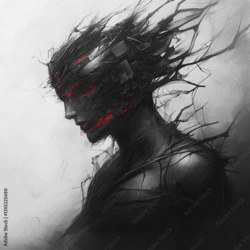 Fototapeta premium A striking digital artwork featuring a fragmented, abstract figure with flowing lines and red accents, embodying themes of technology and transformation.
