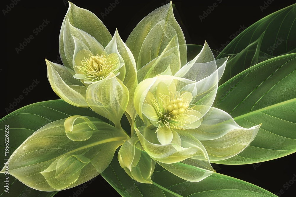 Fototapeta premium Abstract Transparent Green and White Flowers on Dark Background, Nature Digital Illustration Art