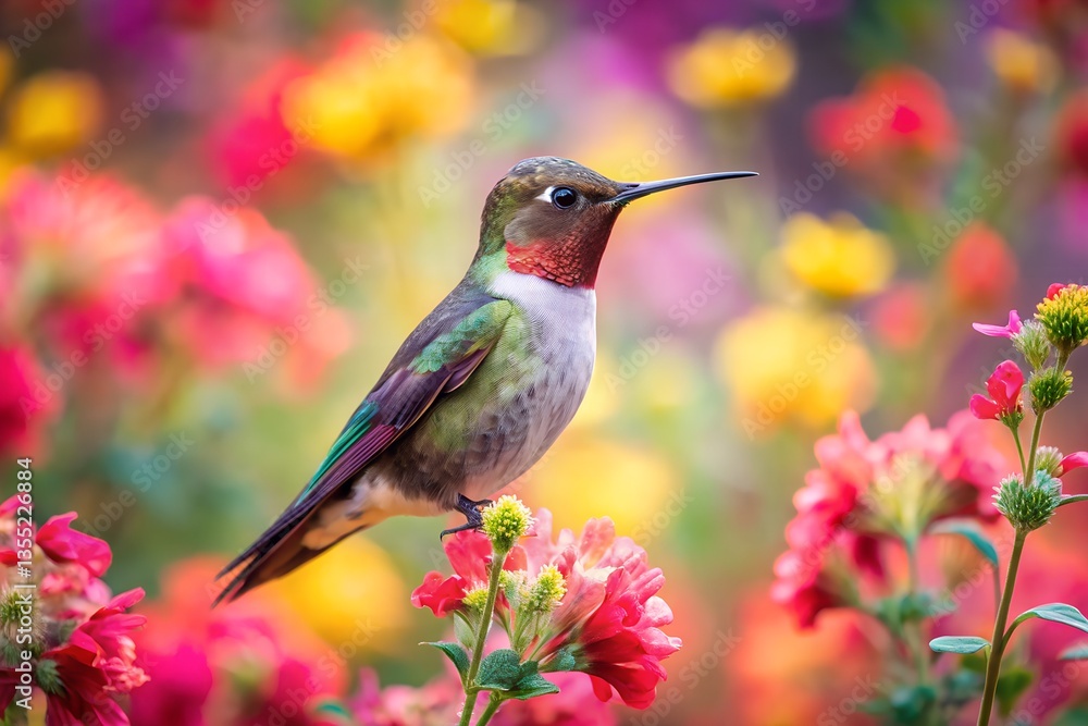 Naklejka premium A hummingbird surrounded by loose, painterly flowers.