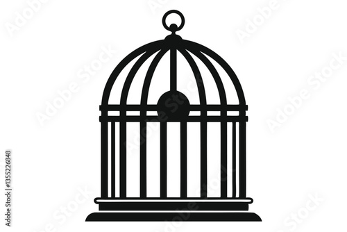 Silhouette of Decorative Birdcage, Black Lines on White Background, Home Decor Element