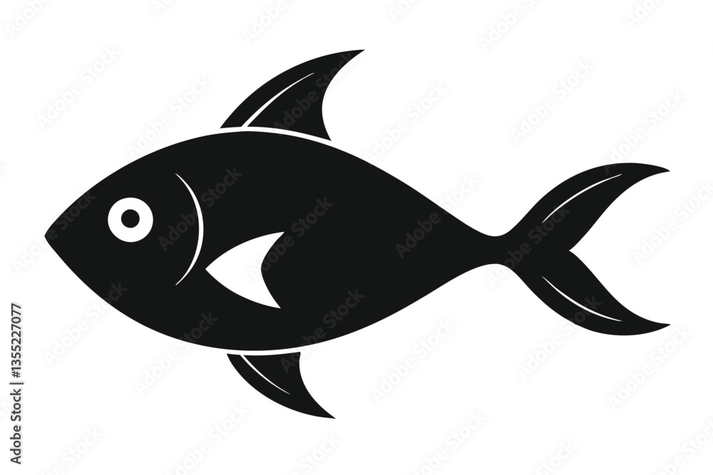 Simple Black Fish Icon with White Eye and Fin Details on Isolated White Background Simple Black Fish Icon with White Eye and Fin Details on Isolated White Background