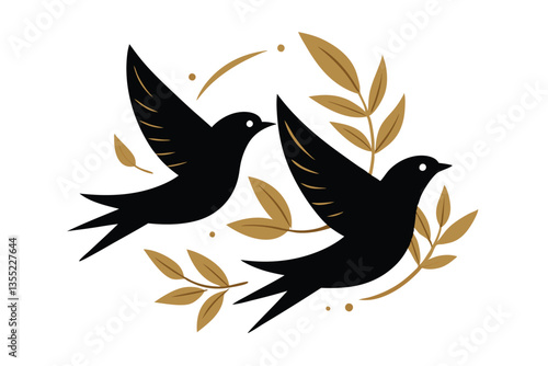 Stylized Black Birds Flying With Gold Leaves, Elegant Art, Isolated White Background