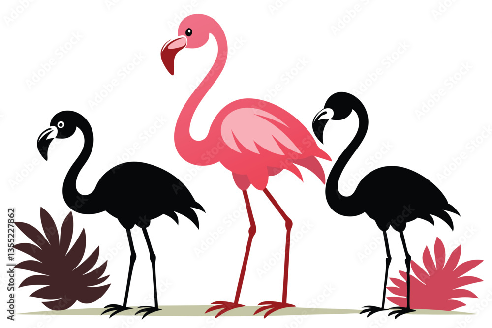 Fototapeta premium Stylized Pink Flamingo Cartoon with Two Black Flamingo Silhouette and Flora Graphics