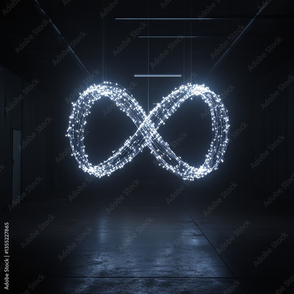 custom made wallpaper toronto digitalA wireframe infinity symbol glowing with LED lights, suspended in the center of a dark room, creating a modern, futuristic atmosphere.