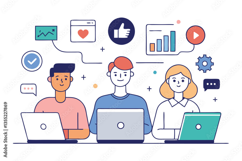 Team with Laptops and Social Media Icons; Diverse Group, Flat Illustration, Outline Style Team with Laptops and Social Media Icons; Diverse Group, Flat Illustration, Outline Style