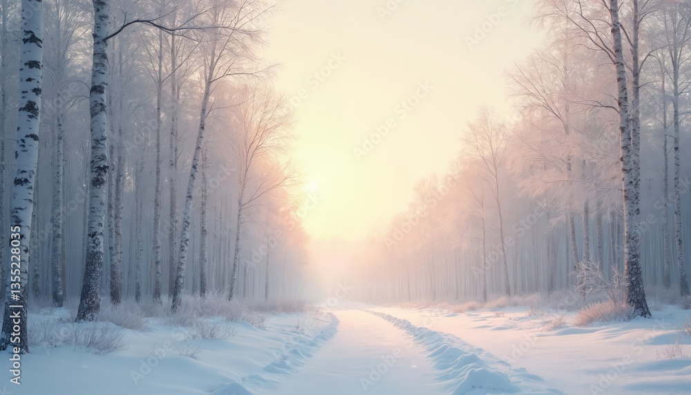 Snowy birch forest at dawn. White birch trees covered frost. Winter wonderland landscape in soft sunlight, creating serene, tranquil atmosphere. Quiet, dreamy, magical, aethereal scene. Snowy birch forest at dawn. White birch trees covered frost. Winter wonderland landscape in soft sunlight, creating serene, tranquil atmosphere. Quiet, dreamy, magical, aethereal scene.