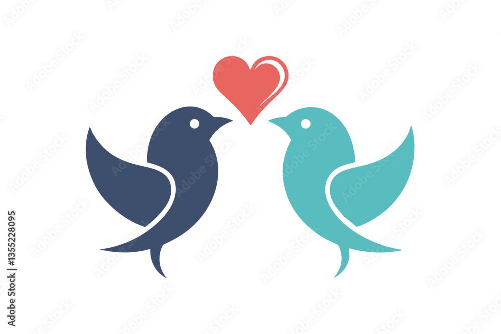 Two Birds Silhouette Facing Each Other with a Red Heart Above Isolated on White Two Birds Silhouette Facing Each Other with a Red Heart Above Isolated on White