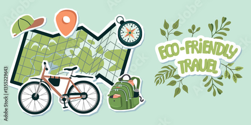 Eco-friendly travel banner with bike, backpack, cap, pointer, compass, map, green branches. Background with cartoon objects and paper cut shapes. Vector collage with hand written and plants.
