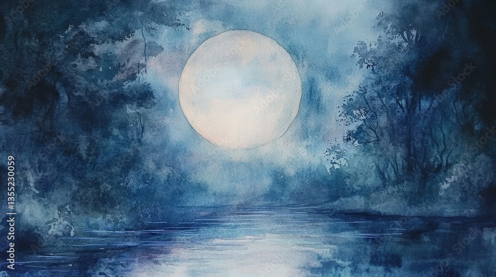 Fototapeta premium Watercolor painting depicts a moonlit forest scene over a river