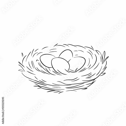 a detailed illustration of a bird's nest with four eggs inside