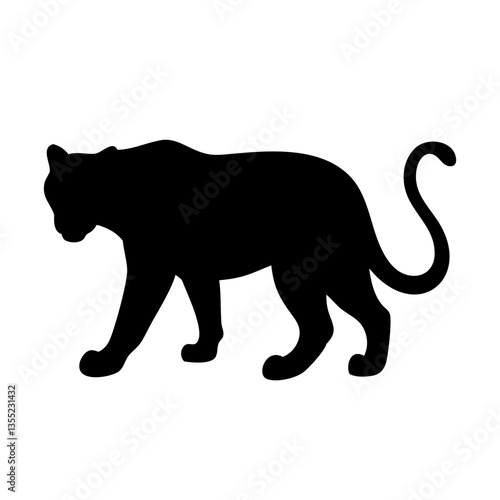 A black silhouette of a leopard gracefully walking, showcasing its sleek form. The silhouette highlights the animal's predatory stance
