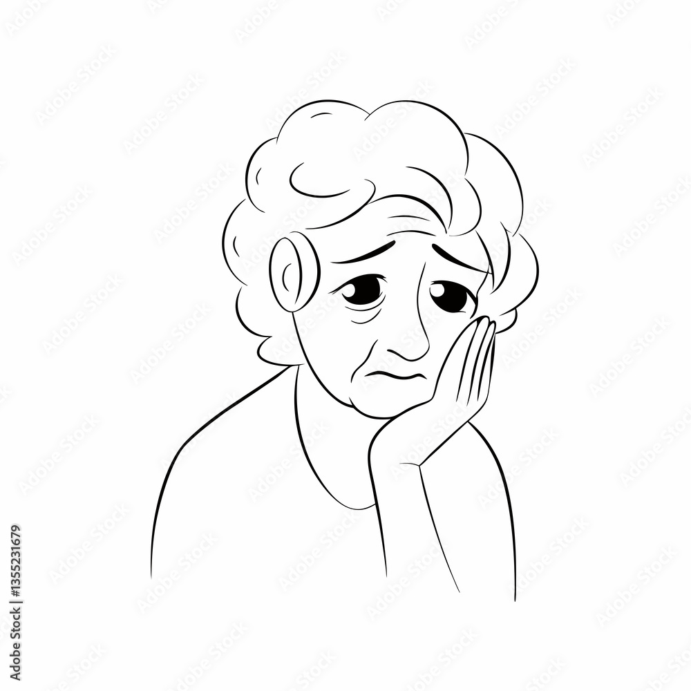 Fototapeta premium a line art drawing of an elderly woman with a sad expression, leaning her head on her hand