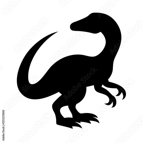 a black silhouette of a dinosaur against a simple background, creating a strong contrast. The dinosaur is depicted in a dynamic pose