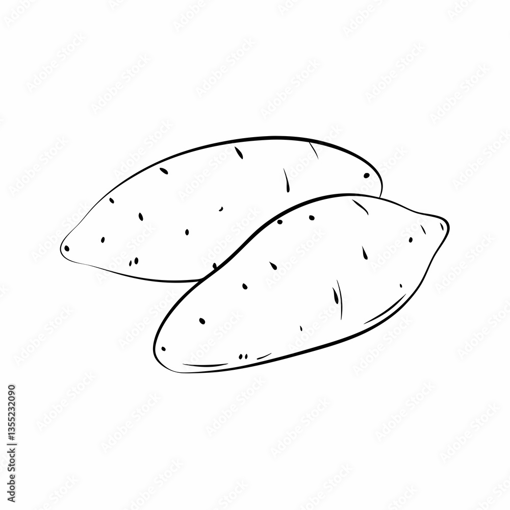 two sweet potatoes depicted in a minimalist line drawing, highlighting their shape and texture two sweet potatoes depicted in a minimalist line drawing, highlighting their shape and texture