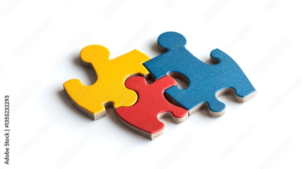 Fototapeta premium A Puzzle with Four Interlocked Colorful Pieces Representing a Unique Family Member Coming Together to Form a Complete Unit on Isolated White Background