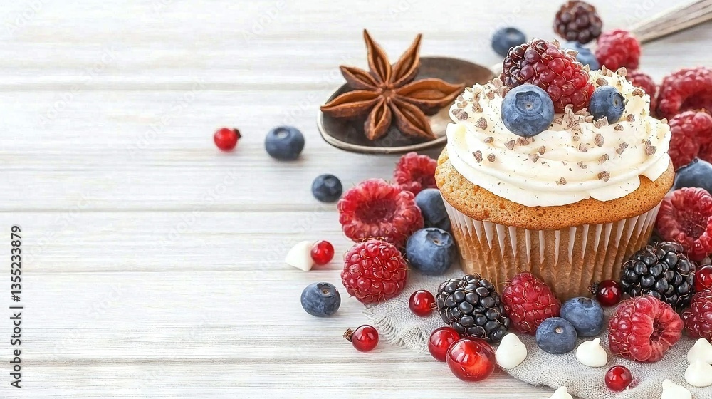 Cupcake with white frosting & berries, cinnamon, star anise Cupcake with white frosting & berries, cinnamon, star anise