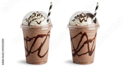 Wallpaper Mural Two chocolate milkshakes with whipped cream and straws on a white background in studio light Torontodigital.ca