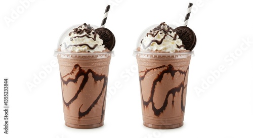 Two chocolate milkshakes with whipped cream and oreo cookies on a white background isolated view