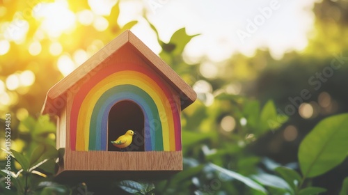 Wallpaper Mural Colorful birdhouse with rainbow design and a yellow bird perched inside during sunset glow Torontodigital.ca