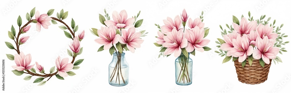 Obraz premium Watercolor floral arrangement with magnolia flowers on white background. Spring flower bouquets in glass bottles and woven basket, wreath with green leaves. Romantic design element.