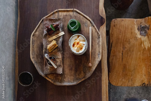Top view of the matcha tea set with traditional sweets in Japan