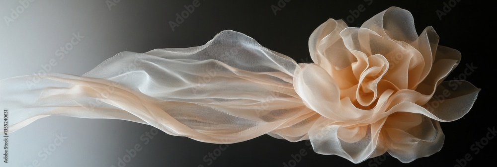 Obraz premium Flower sculpture made of gauze curtains creates abstract movement on black wall with flowing ribbons Generative AI