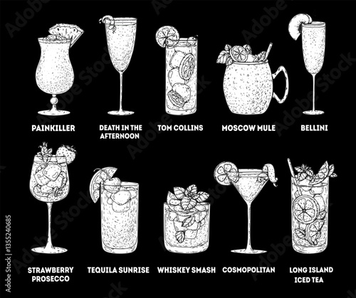 Alcoholic cocktails sketch, hand drawn vector illustration. Cocktail glass set. Cognac, brandy, vodka, tequila, whiskey, champagne, wine cocktails.