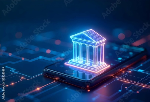 Futuristic Digital Banking Concept with Neon Bank Icon on Smartphone
