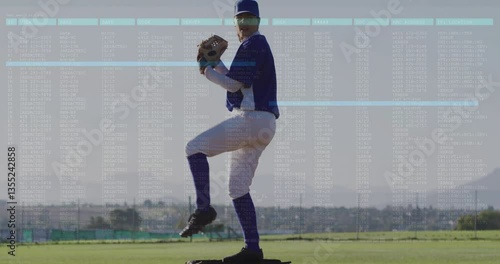 Baseball player pitching on field with data processing animation overlay
