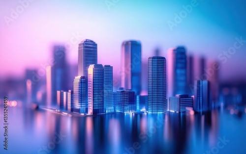 A diorama showcasing a city skyline, with futuristic skyscrapers, set against a gradient backdrop of blue and purple.