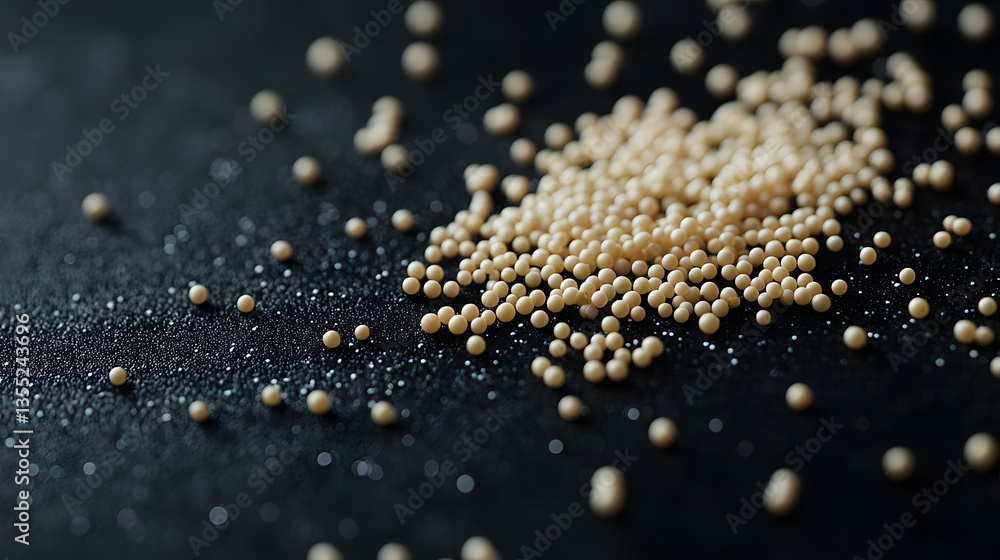 Amaranth seeds in cream color scattered on a dark background, emphasizing their small size, smooth texture, and the contrast of colors. Amaranth seeds in cream color scattered on a dark background, emphasizing their small size, smooth texture, and the contrast of colors.