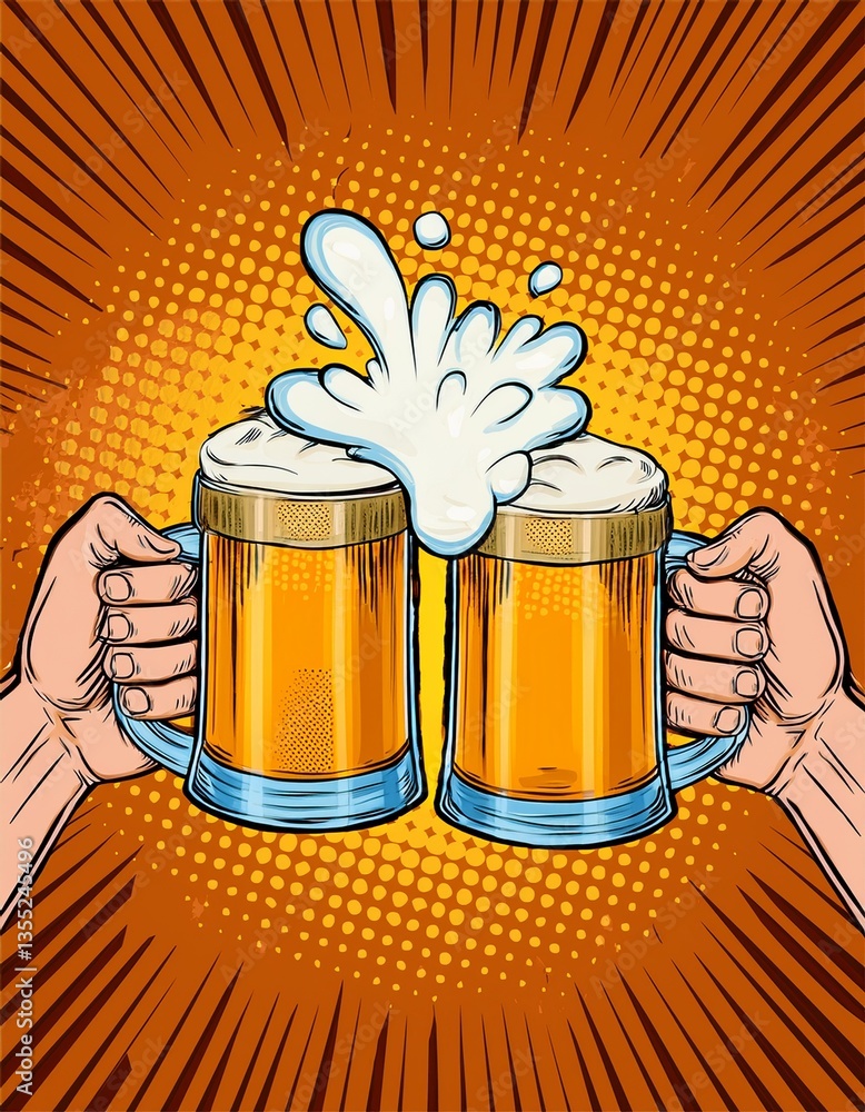 Two hands clinking beer mugs with a splash of foam. Poster for beer party, bar or pub. Pop art vector illustration.