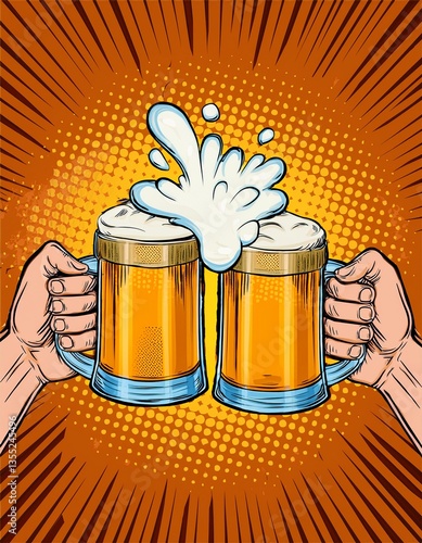 Two hands clinking beer mugs with a splash of foam. Poster for beer party, bar or pub. Pop art vector illustration.
