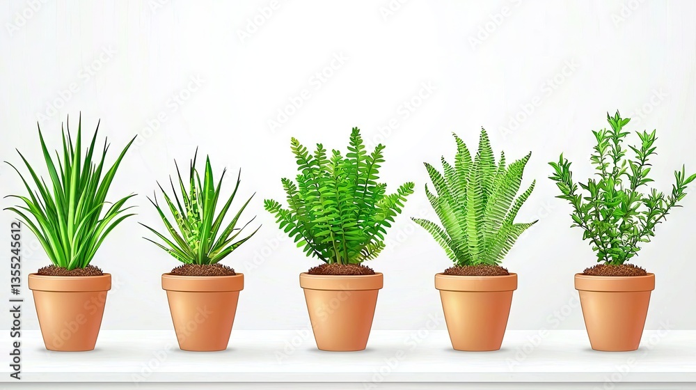 Fototapeta premium Indoor plants, terracotta pots, shelf, growth, white background, home decor, website design