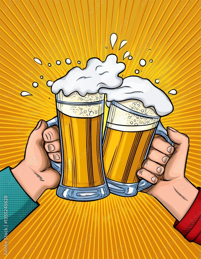 Two hands clinking beer mugs with a splash of foam. Poster for beer party, bar or pub. Pop art vector illustration.