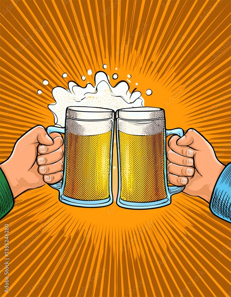 Two hands clinking beer mugs with a splash of foam. Poster for beer party, bar or pub. Pop art vector illustration.