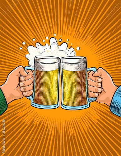 Obraz na płótnie Two hands clinking beer mugs with a splash of foam. Poster for beer party, bar or pub. Pop art vector illustration. w salonie